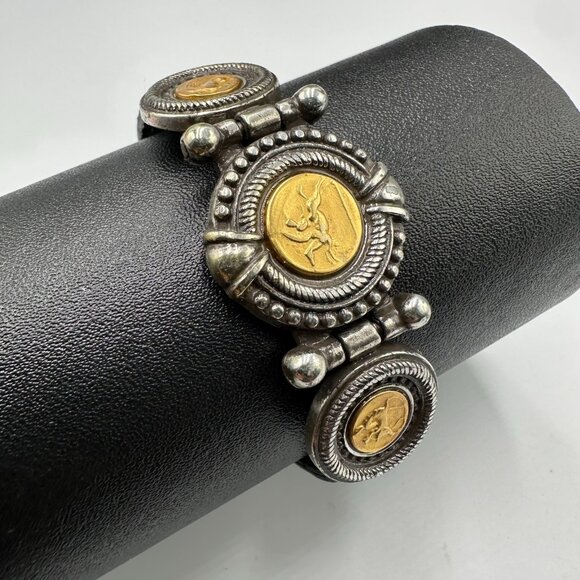 Vintage Brighton Bracelet Roman Coins Two Tone Black Leather Buckle Band 8.5" - Picture 1 of 14